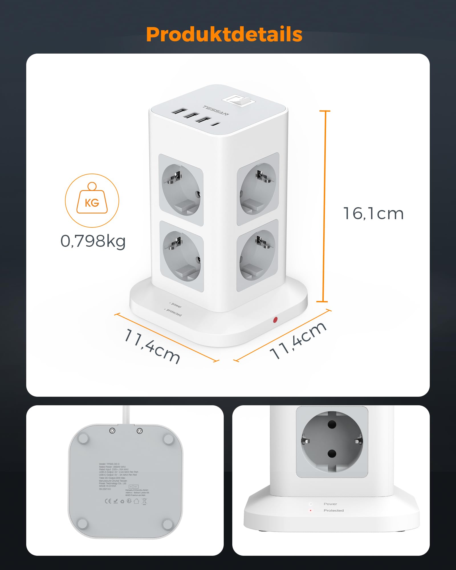 TESSAN 8 Fach Mehrfachsteckdose mit USB C, Verlängerungskabel 10 Meter mit 4 USB und Steckdosenleiste Überspannungsschutz, 3600W Steckdosenturm mit Schalter, Steckdosenwürfel für Büro, Grau 7