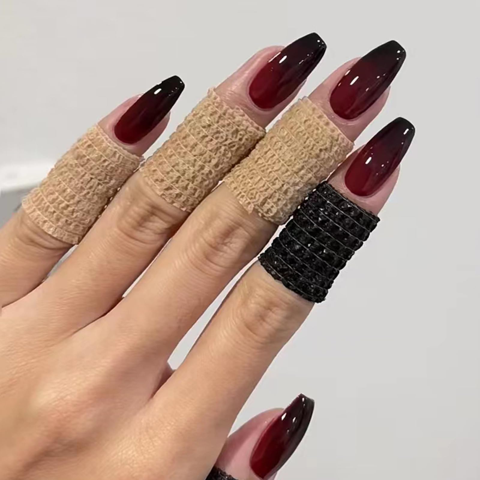 24Pcs Coffin Press On Nails - Medium Red Black Gradient Acrylic Full Cover Fake Tips - 12 Sizes Glossy Artificial French Stick On for Women Girls Art Decorations