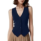 QINSEN V Neck Vest for Women Button Up Sleeveless Lined Fashion Casual Crop Waistcoat Navy L