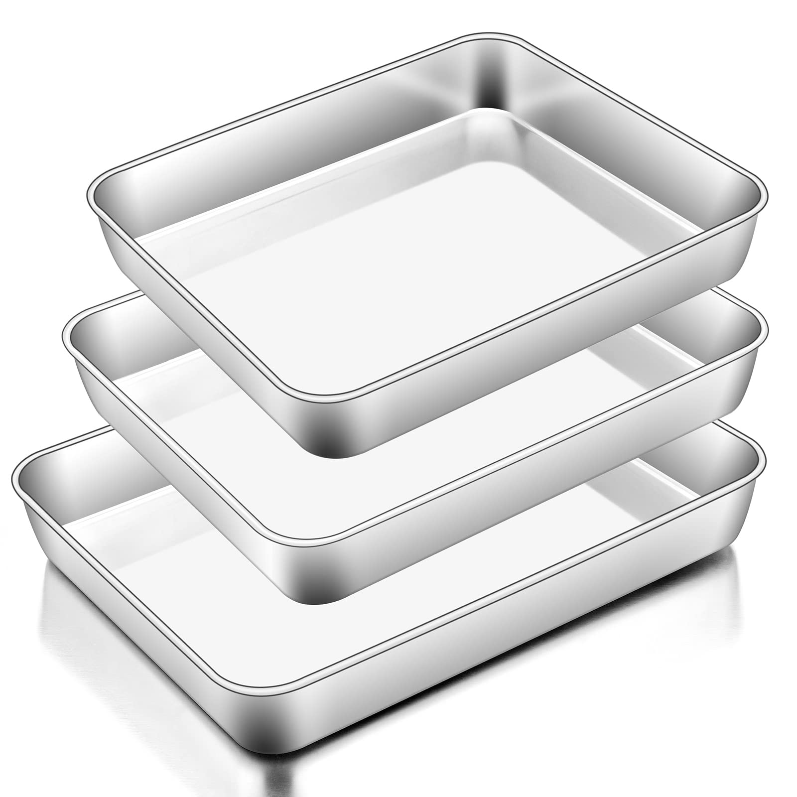 Homikit Baking Tray Set of 3, Stainless Steel Deep Baking Sheet Pans, Rectangle Traybake Cake Tin for Cookie Lasagna Flapjack Brownie, Healthy & Heavy-Duty, Brushed Finish & Dishwasher Safe - 3 Size