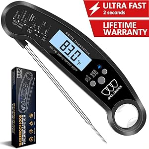 Instant Read Meat Thermometer, Waterproof Digital Food Thermometer with Backlight Lcd & Calibration Ultra Fast Kitchen Thermometer Cooking, Baking, Turkey, Bbq with Bottle Opener (Black)