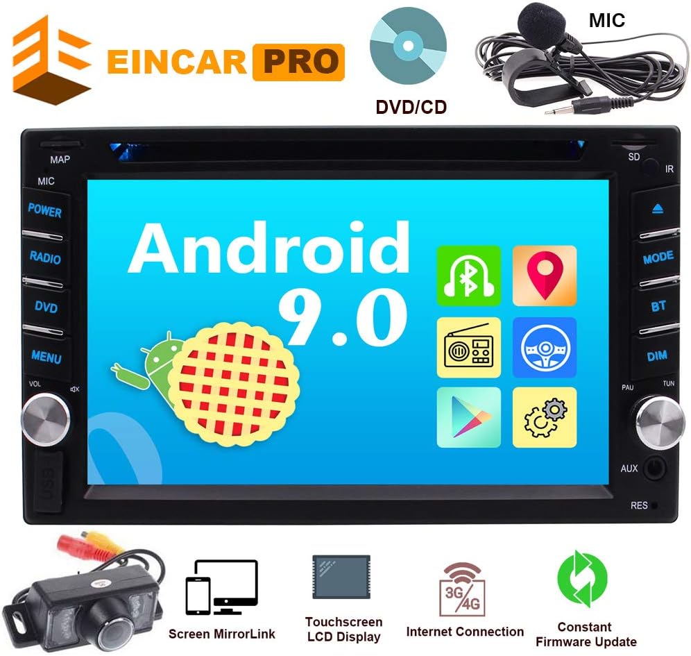 Car Radio Android 9.0 Car Audio DVD/CD Player 2 Din Head Unit in Dash Double Din Car Stereo 6.2 Inch Multi Touch Screen Bluetooth Support 1080P Video WiFi AM FM Radio Free Backup Camera External MIC