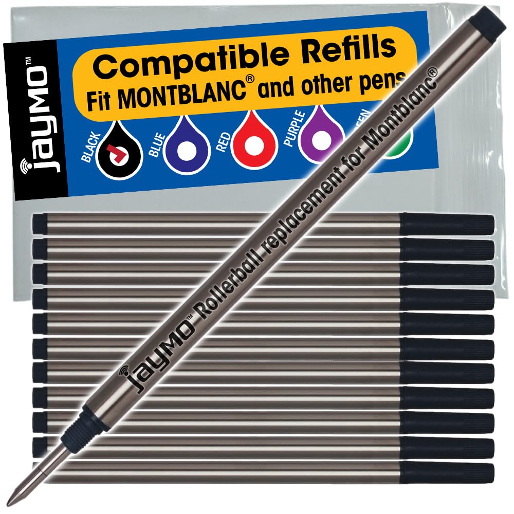 Jaymo Replacement for Montblanc 105158 - Measures 4.44 in / 113 mm Long - Rollerball Pen Refill - 12 Black