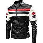 DMOYALA Men's Stand Collar Leather Jacket Fall Trendy Color Block Motor Biker Jacket Full Zip Outerwear Coats S-5XL