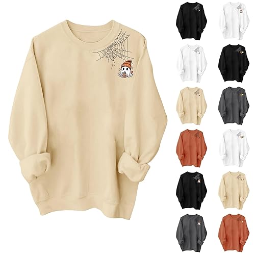 Angxiwan Womens Pumpkin Jumper Sweatshirts for Women UK Oversized Spider Web Print Casual Long Sleeve Halloween Sweatshirt Crew Neck Solid Color Pullover Skeleton Jumper Wool Halloween Hoodie Women