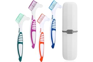 Wanmu 4 Pcs Denture Brush, Portable Denture Toothbrushes with White Carrying Case, Dual Angled False Teeth Care Cleaning Brush with Multi-Layered Soft Bristles (Purple, Green, Blue, Orange)