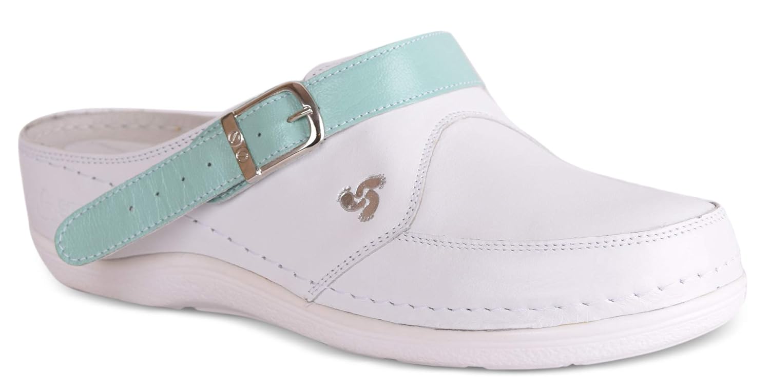 white leather clogs