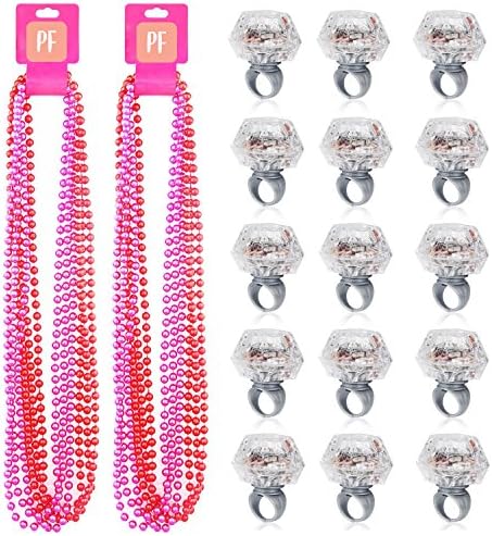 PartyFuFu Party Beads Necklaces (12 Pieces) &amp; Light Up Engagement Diamond Rings (12 Pieces), Bachelorette Party Light Up Rings with Bachelorette Party Beads 17 inch (Pink &amp; Red)