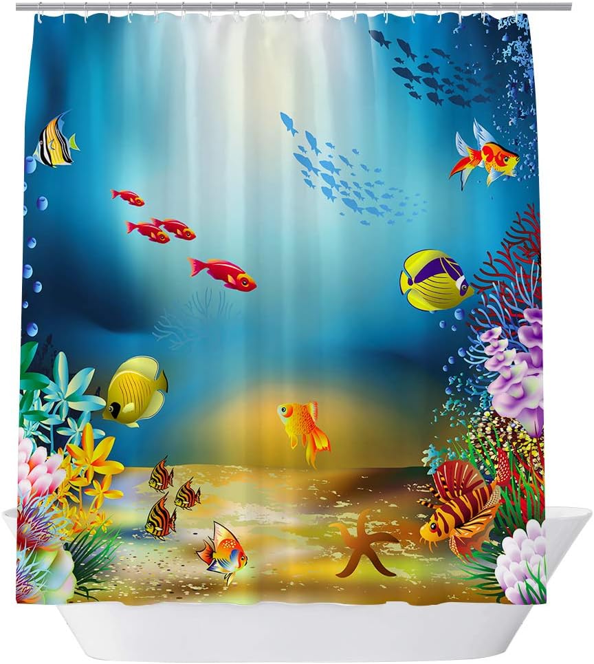 Amazon Com Goodcare Ocean Animal Decor Shower Curtain Goldishes And Underwater Coral Reef Fabric Bathroom Decor Sets With Hooks 71x71inch Blue Home Kitchen