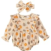 Newborn Baby Girls Halloween Outfits Pumpkin Print Ruffles Smocked Puff Sleeve Cotton Linen Romper Fall Bodysuit