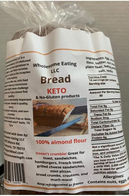 Keto Bread, 0g net carb per serving, Low carb food, from Wholesome Eating LLC