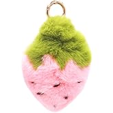 surell Real Rex Rabbit Fur Strawberry Keychain - Kawaii Pom-Pom Food Charm for Bags - Fruit Accessory with Gold Keyring
