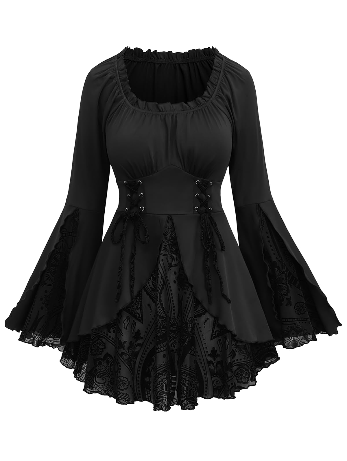 Photo 1 of Rosegal Womens Plus Size Flocking Floral Figure Print Lace Up Ruched Ruffles Long Bell Sleeves Flowy 2 in 1 Top(Black_1/2X)