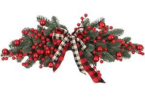 Ochine Artificial Christmas Swag Decoration Greenery Christmas Swag Winter Pine Needles Decoration Swag Xmas Mailbox Swag with Ribbon Bow and Red Berries for Christmas Decorations Holiday Home Decor