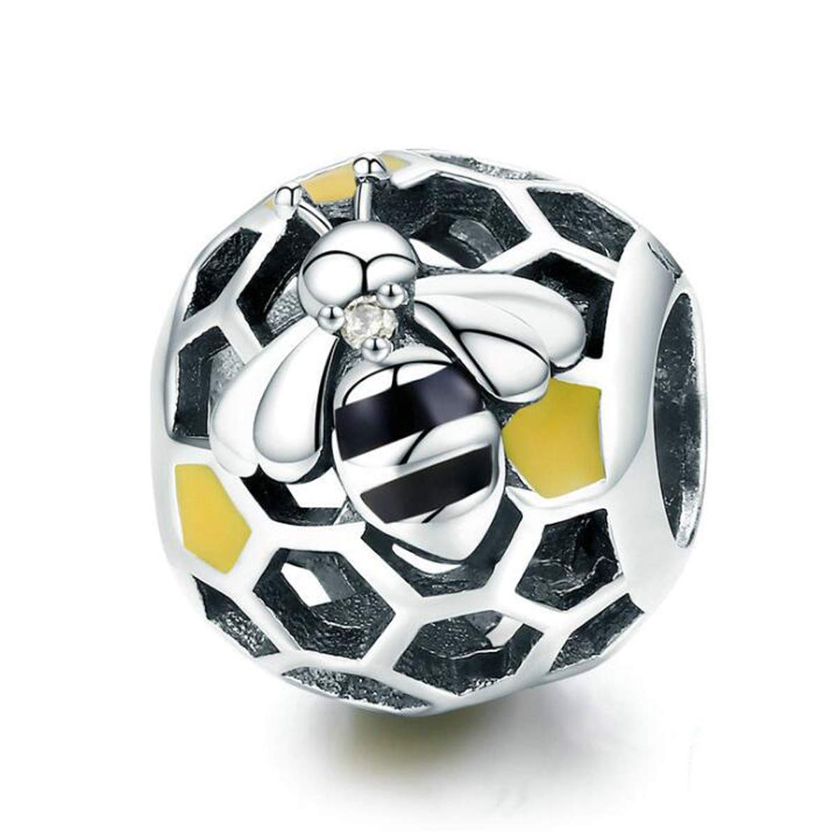 Insect Charm Beads 925 Sterling Silver Yellow Honey Bee Charm Crystal Enamel Pendant Dangle Animal Charms for Pandora Bracelet (Round Bee Beads)