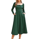 Allegra K Tie Front Midi Dress for Women's Peasant Square Neck Cute Knit A-Line Dress with Pockets