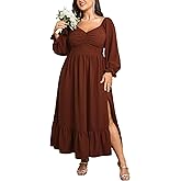 SCOMCHIC Womens Plus Size Wedding Guest Cocktail Dress Sweetheart Neckline Long Sleeve Smocked Ruffle Slit Maxi Dresses