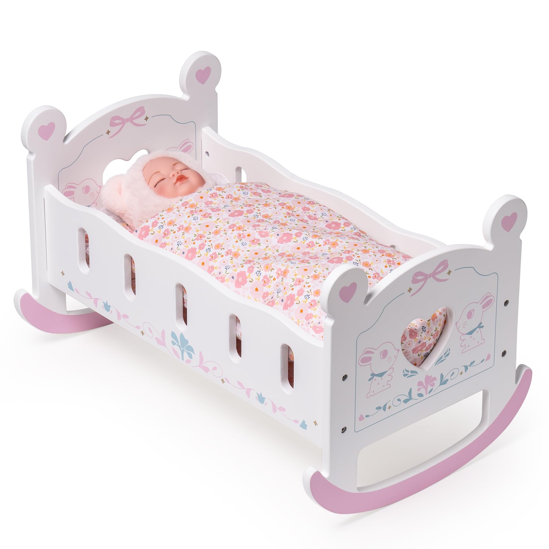 ROBUD Wooden Baby Doll Crib, Baby Doll Bed Toys, for Dolls Up to 18 Inch, Doll Accessories - with Mattress, Pillow, Quilt, Gift for Boys & Girls, Ages 3+