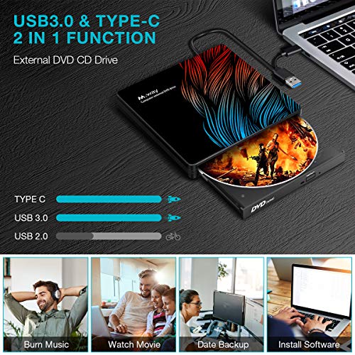 External DVD Drive, M WAY USB 3.0 External CD Drive, Dual Port USB C External DVD CD Player RW for Laptop PC MacBook OS Windows 7/8/10/Linux - Colorful Flame Pattern (with Storage Bag)