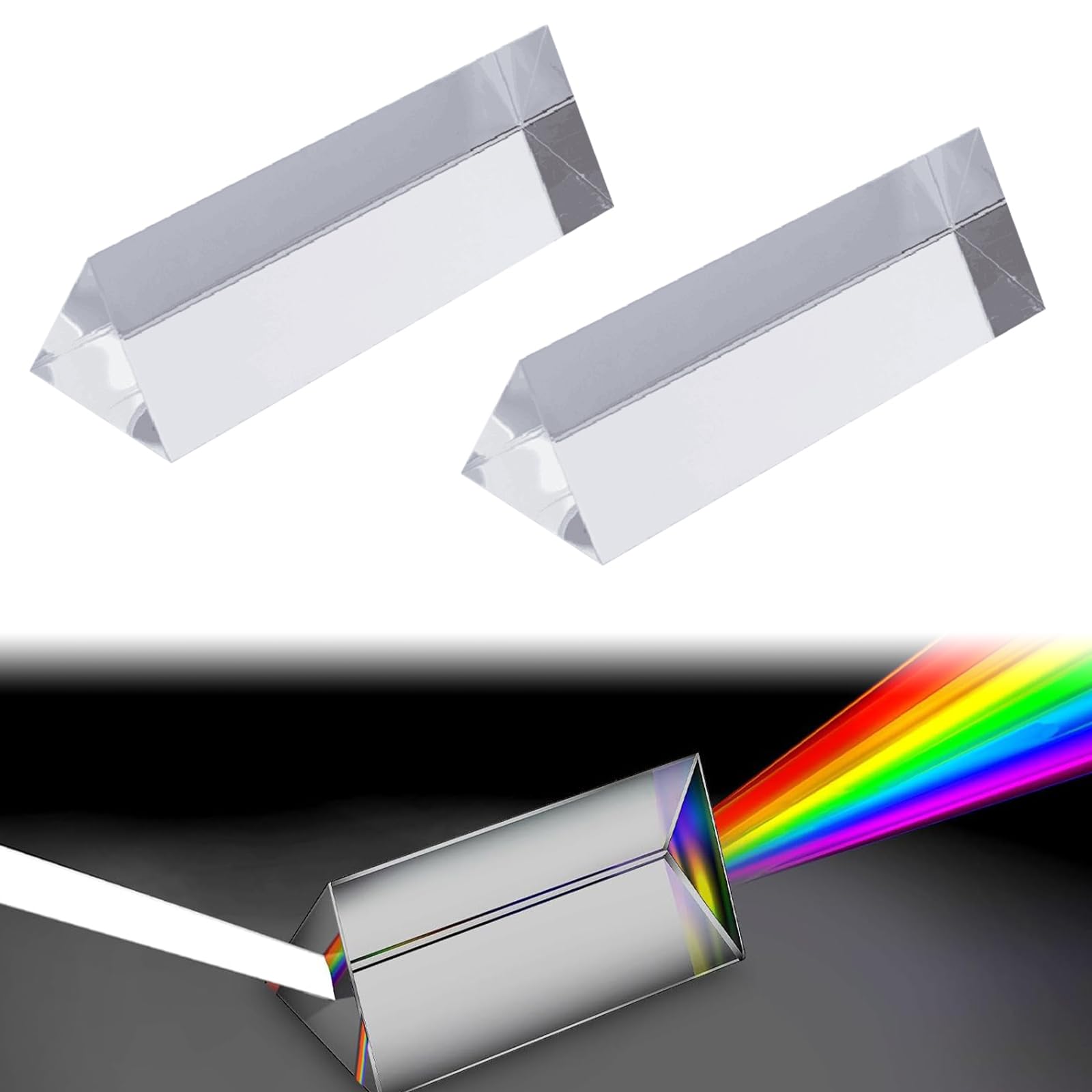 Triangular Crystal Optical Glass Prism 76 x 22 x 12 mm for Light Spectrum, Physics and Photography – 2 Pieces