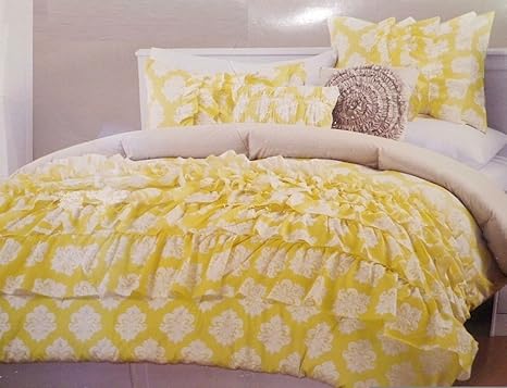 Cynthia Rowley Sunny Yellow French Ruffle White Fleur De Lis Duvet
