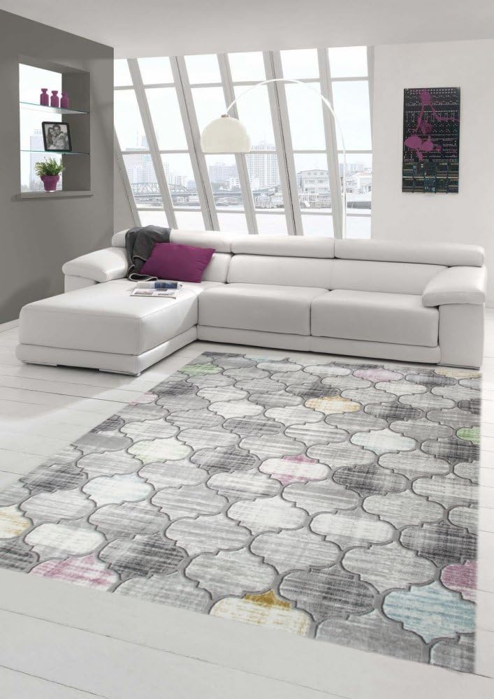 Designer and modern rug short pile Moroccan pattern in gray purple mustard yellow size 160x230 cm