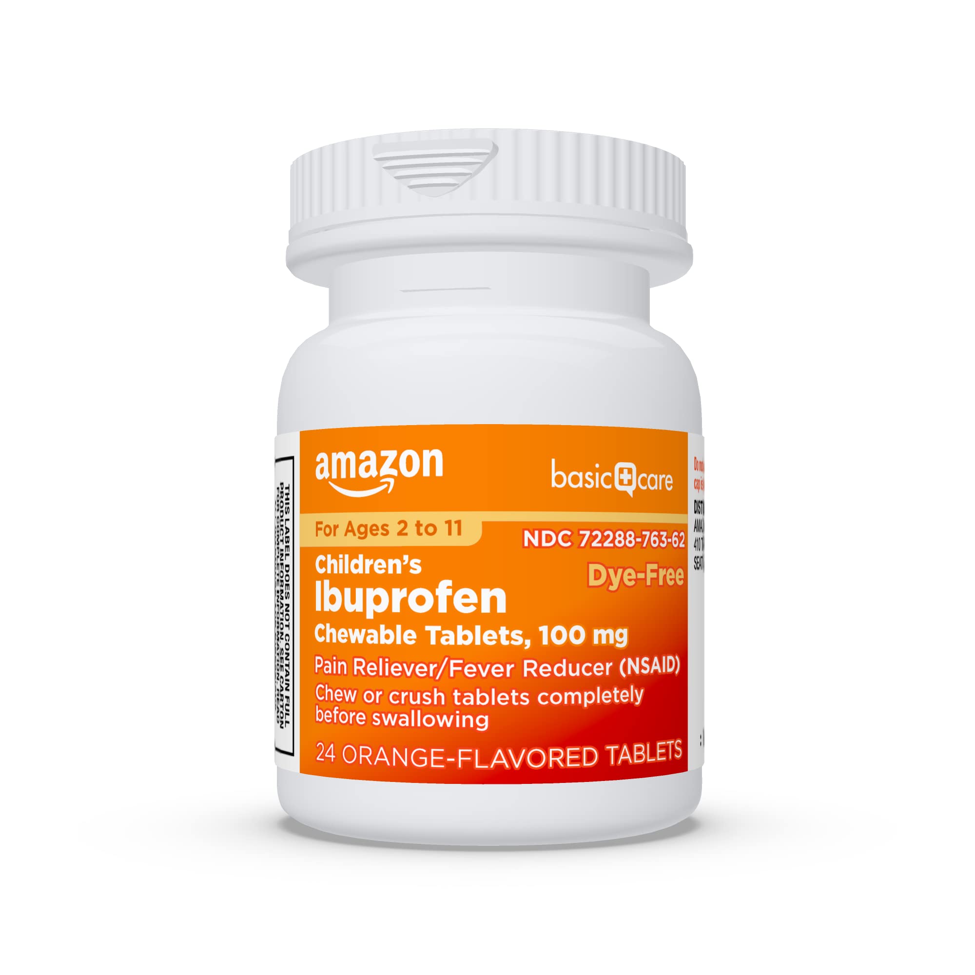 Amazon Basic Care Children's Ibuprofen Chewable Tablets, Pain Reliever and Fever Reducer, Orange Flavor, Ages 2-11, Lasts up to 8 Hours, 100 mg, 24 Count