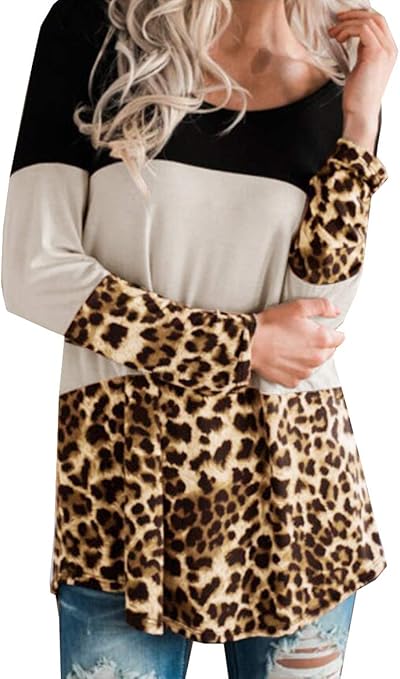Lantch Women's Long Sleeve Leopard Print Cotton Tunic Tops Casual Cute Color Block Shirts Khaki