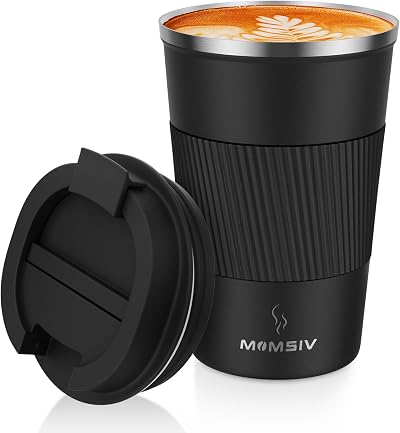 MOMSIV Insulated Coffee Cup 380ml Leakproof Lid Non-Slip Stainless Steel Black