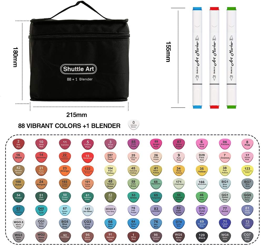 Shuttle Art 88 Colors Dual Tip Alcohol Based Art Markers, 88 Colors plus 1 Blender Permanent Marker Pens Highlighters with Case Perfect for Illustration Adult Coloring Sketching and Card Making