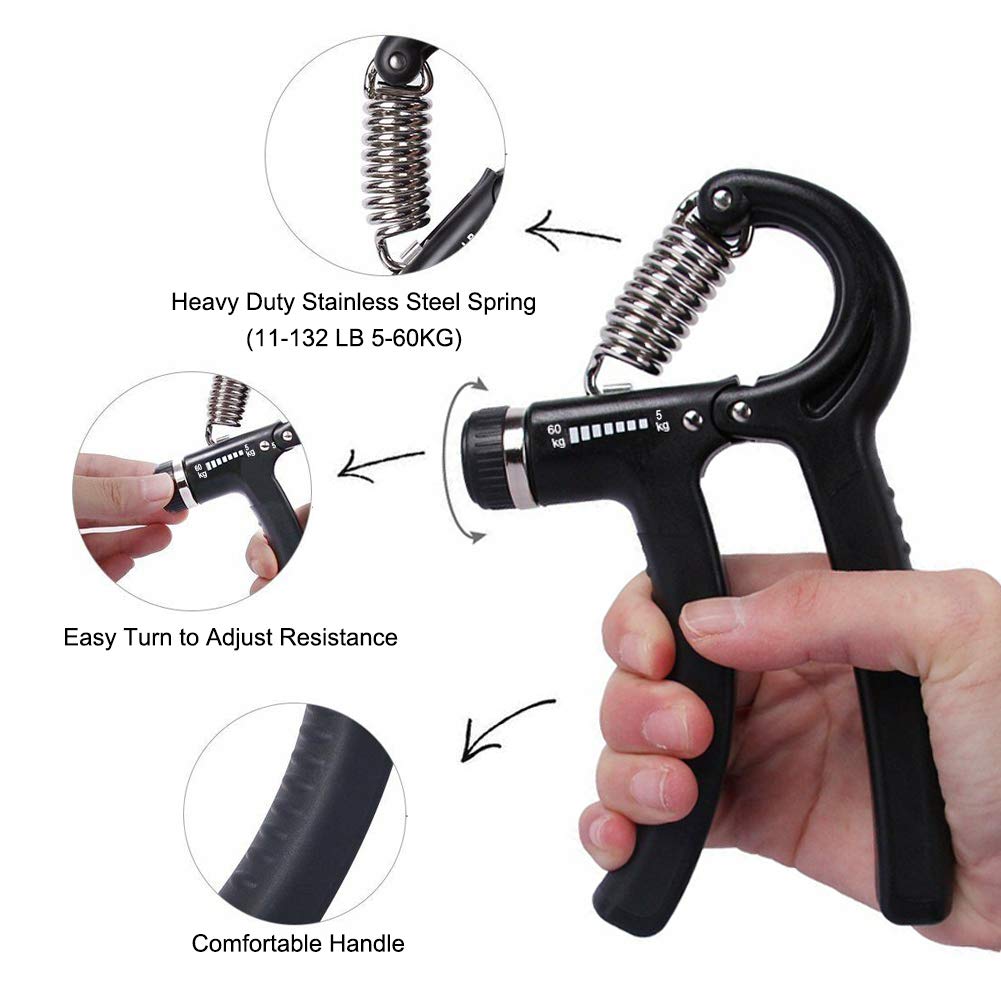 Rareccy Hand Grip Strengthener Workout Kit 5 Pack, Hand Grip Exerciser Set, Including Adjustable Resistance Hand Gripper + Finger Exerciser + Finger Stretcher + Stress Relief Grip Ball + Grip Ring