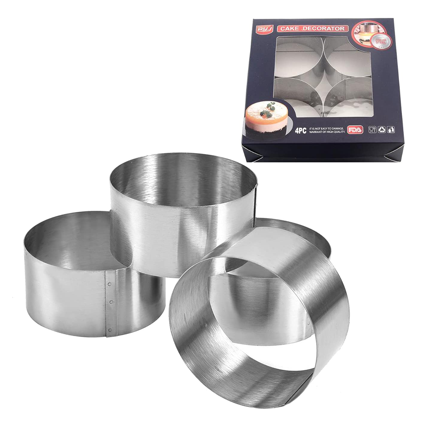 JUHONNZ Stainless Steel Baking Rings, 4 x Round Cake Moulds for Pastry, Cheese Cake, Mini Cooking Rings for Crumpet, Pastry Crepe