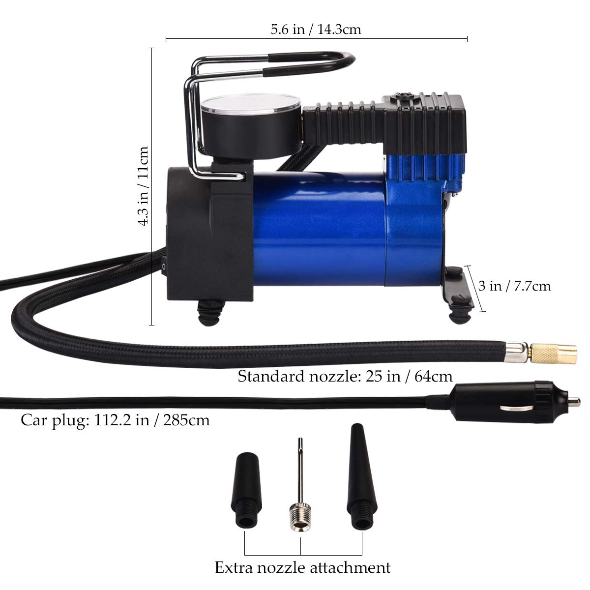 HONGNAL Air Compressor Tire Inflator, DC 12V Portable Car Air Compressor Pump with Gauge Multi-Function Car Air Pump with 3 Nozzle Adaptors for Car Tires, Bicycles, Trucks & Inflatables