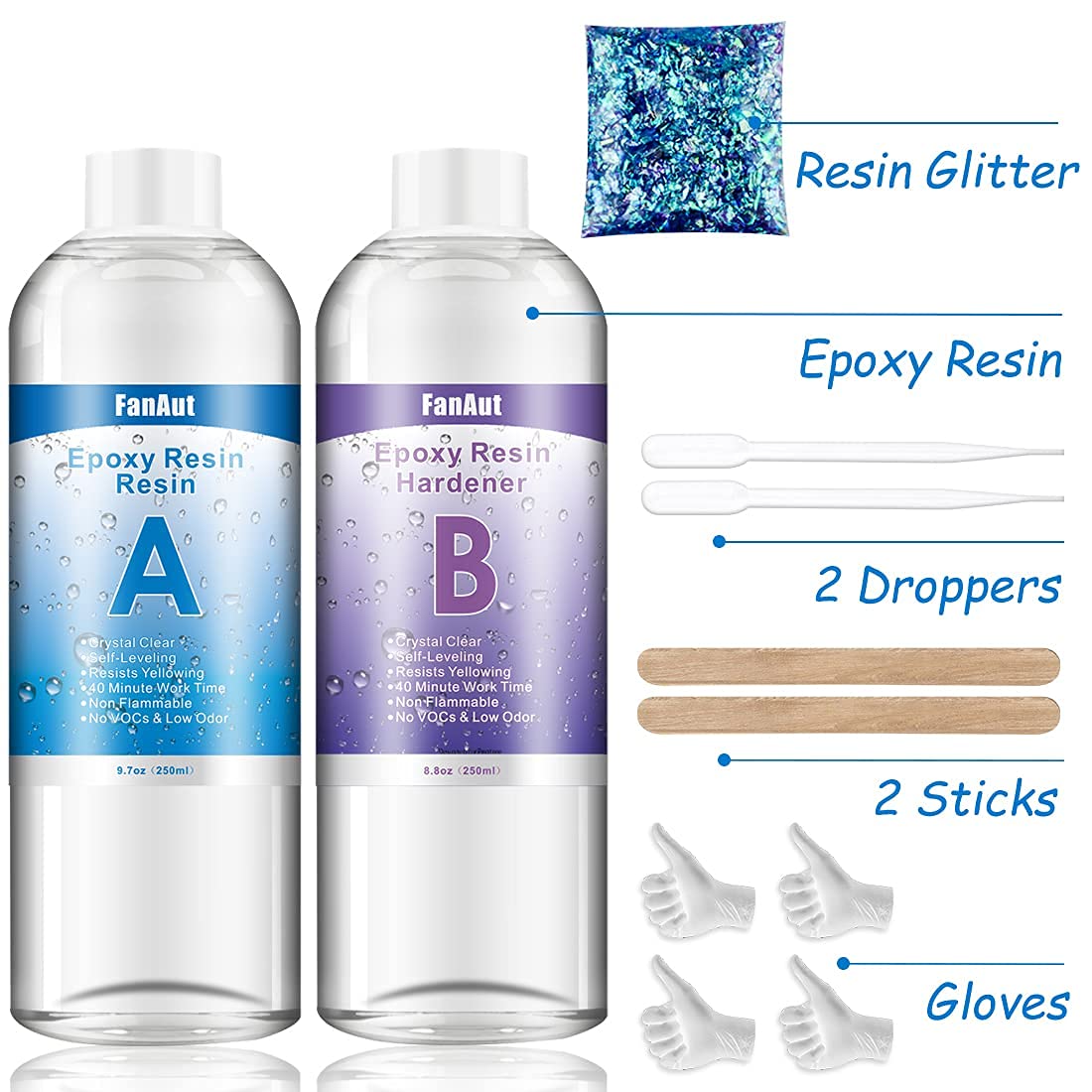 FanAut 18.5 Ounce Epoxy Resin Crystal Clear for Art, Crafts, Tumblers, Casting and Jewelry Making with 2 Droppers, 2 Sticks,2 Pair Gloves and 1 Pack of Resin Glitter: Industrial & Scientific