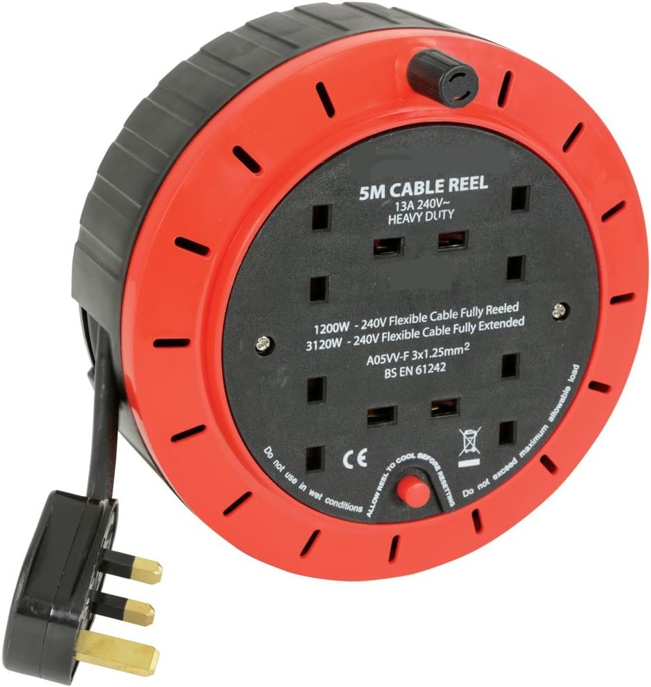 ShaniTech 5M Meter 4 Way Gang Mains Extension Lead Reel Amazon.co.uk