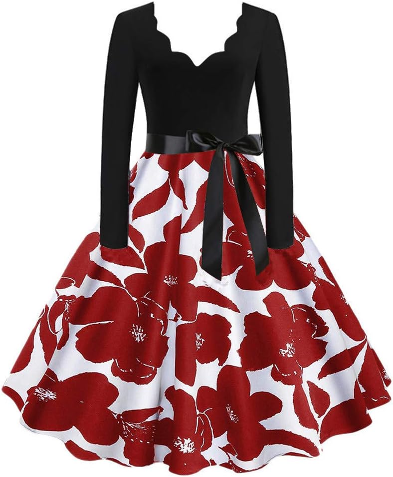 Women Christmas Dresses, Ladies Elegant Long Sleeve Snowman Santa Claus Print Vintage Flare Party Maxi Dress Skirts (L, A-Red)