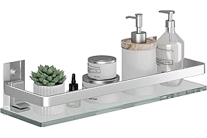 Danpoo Clear Tempered Glass Wall Shelf, Wall-Mounted Organizer for Bathroom, Kitchen(Matte Silver)