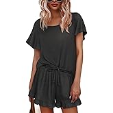 Ekouaer Womens Pajama Sets Shorts Ruffle Pajamas Set Soft Summer Pj Set 2 Piece Loungewear Short Sets