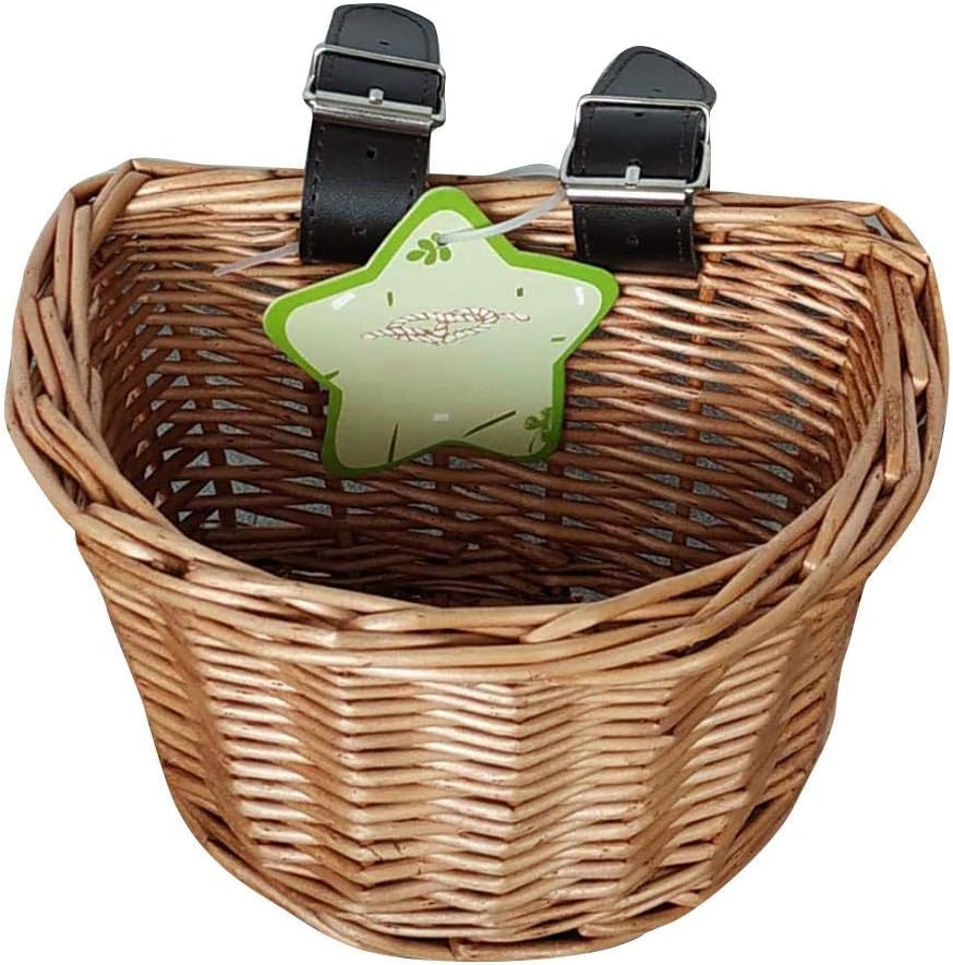Front Handlebar Wicker Woven Bicycle Basket with PU Leather Straps Bike