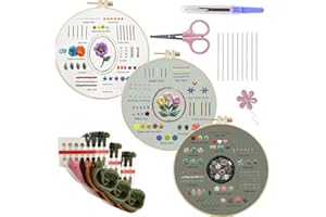 CDThinkingU Embroidery Stamped Kit for Beginners Adults, 3 Sets Hand Embroidery Kits for with Hoop, Easy Travel Embroidery Stater Kit with Instruction & Video, Needlepoint Kits, Tools
