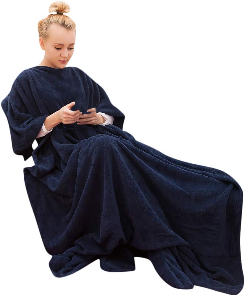 Gallity Wearable Blanket with Pocket Comfy Plush Throw Blanket Wrap Robe for Couch Bed Car (Navy)