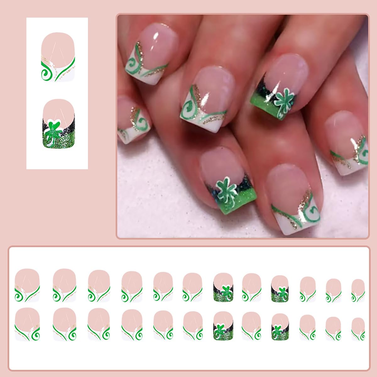 24 Pcs St. Patrick's Day Press on Nails Short Square Nails French Tip Fake Nails with Glitter Designs Saint Patrick's Day Shamrock False Nails Full Cover Stick on Nails Holiday Nails for Women - Image 5