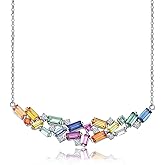 RANDES Curved Bar Baguette Necklace for Women 925 Sterling Silver Lab Created Colorful Gemstone Pendant Necklace