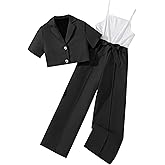 Hilinker Girl's 2 Piece Outfits Short Sleeve Blazer and Belted Sleeveless Jumpsuit Sets