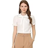 Allegra K Women's Vintage Peter Pan Collar Tie Neck Casual Cute Cotton Button-Up Shirt