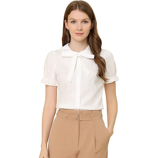 Womens Bow Tie Neck Blouse Long Puff Sleeve Shirt Retro