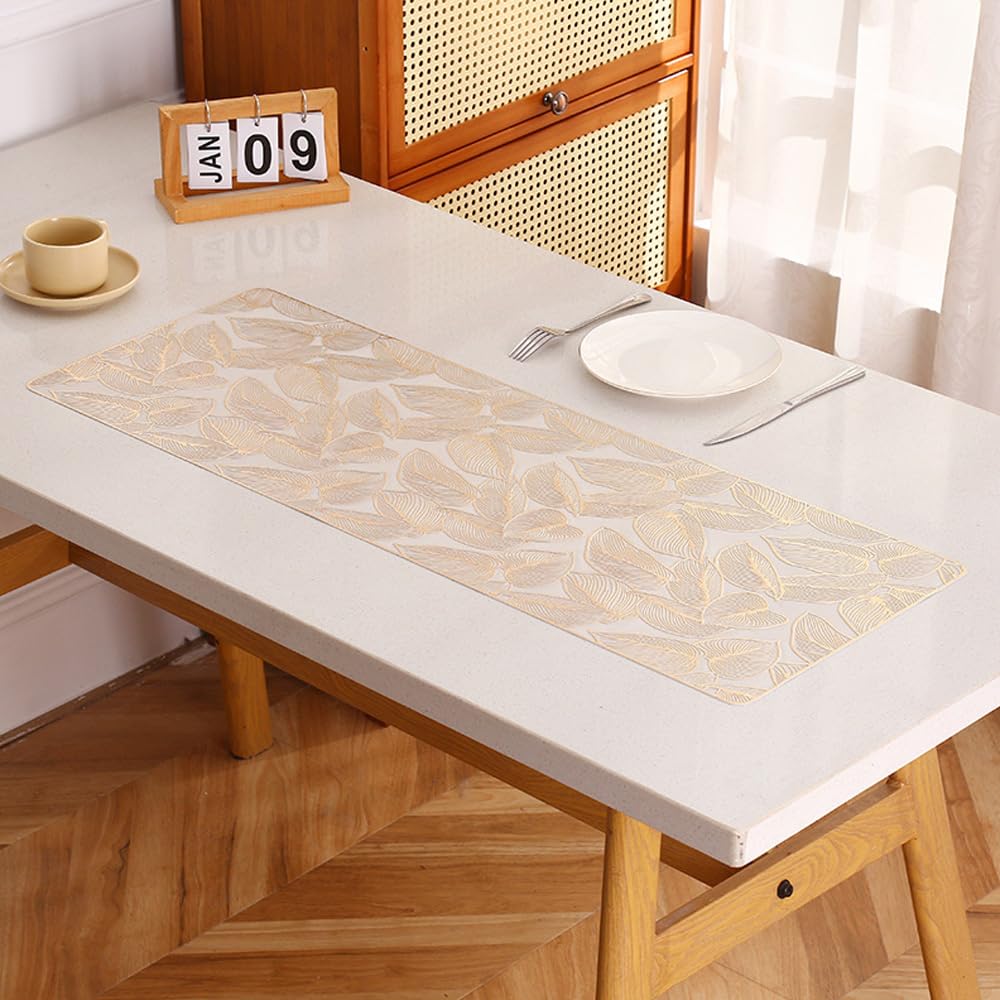 Hosoncovy PVC Table Runner Non-slip Decorative Leaf Table Mats Placemat for Home Party Kitchen Dining Wedding Decor (91CM X 33CM) (Gold)