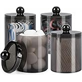 WEISHI 4 Pack Qtip Holder Dispenser - Cotton Ball, Swab, Round Pads, Floss , Small Plastic Apothecary Jar Containers with Lids for Bathroom Storage and Organization, Vanity Organizer ( Black )