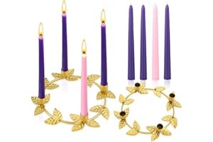 THREEHONEY Christmas Advent Wreath Candle Holder with 4 Candles Set, Advent Wreath Ring, Metal Ring Candle Stand Purple & Pink 10 x 7/8'' Taper Candles for Christmas Home Church Table Centerpiece Decor(Gold)