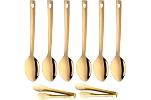 JYJFGSFA Stainless Steel Flatware Set of 8, 13-Inch Long Handle Gold Buffet Serving Spoons and 9-Inch Barbecue Tongs for Banq